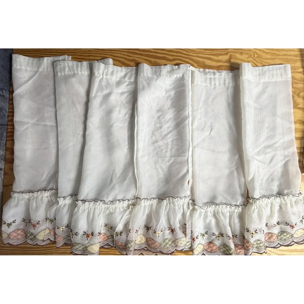Embroidered Sheer Café Tier Curtains 17pc White Floral‎ Scalloped Country Set